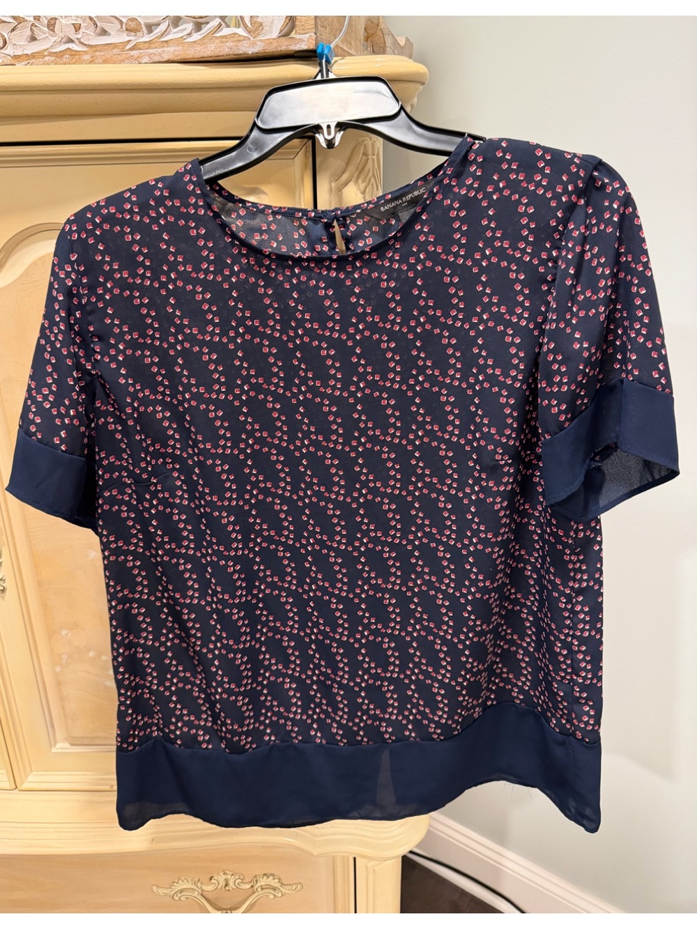 Banana Republic Navy Short Sleeve Blouse with Pink Dot Print